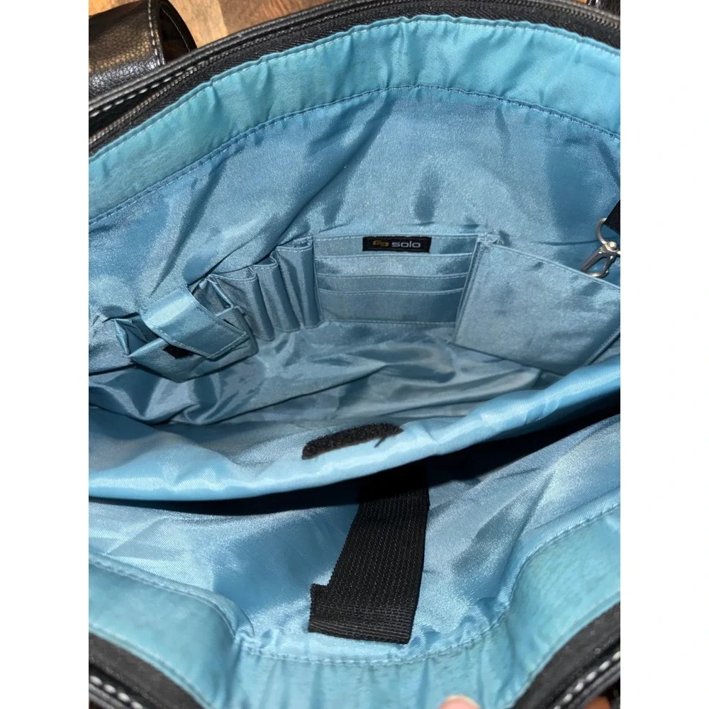 Solo Black Faux Leather Laptop Tote Bag Large Buckle Detail Blue Interior